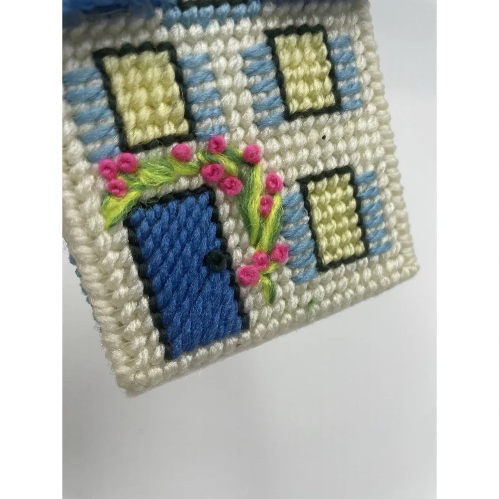 Vtg 70s Yarn Needlepoint Completed Car Dealership‎ &Cottage House Plastic Canvas